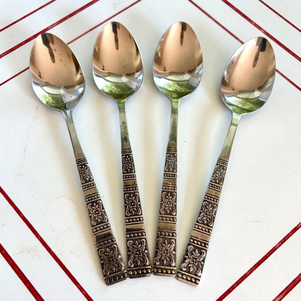 Vintage Tremont Japan Floral Teaspoons Set of 4 MCM Stainless Flatware